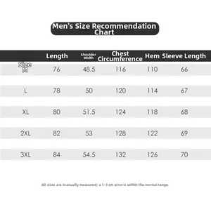 Detailed men's winter jacket size chart with length, bust, and sleeve measurements