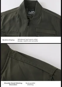 Detail view of olive green flight jacket showing ribbed collar and shoulder stitching