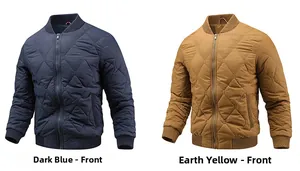 Detailed front view of navy and khaki quilted bomber jackets with ribbed stand collar