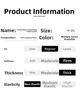 Detailed size chart and material specs for men's 100% polyester puffer jacket