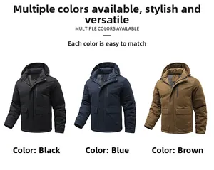 Mens waterproof outdoor puffer jacket with detachable hood in black, blue and brown