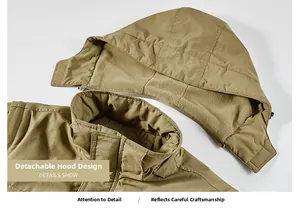 Detail view of khaki tactical jacket with a detachable fleece-lined hood and sturdy zipper