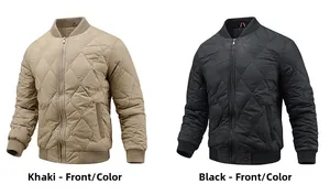 Detail of diamond quilted bomber jackets in khaki and black with ribbed collar and zip