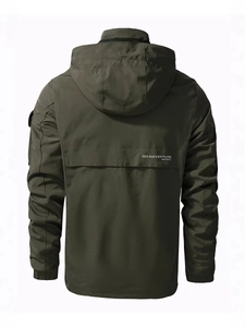 Men's olive green hooded jacket featuring SEEK ADVENTURE back print and sleeve pocket