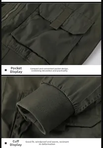 Detail of military green flight jacket with functional flap pockets and ribbed cuffs