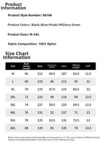 Detailed size chart for men's casual hooded jacket with measurements from M to 6XL
