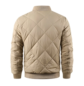 Back view of khaki quilted bomber jacket with diamond stitching and ribbed cuffs