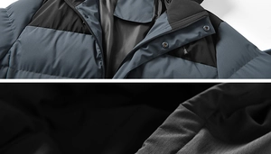 Detail of winter jacket with metal buttons, windproof fabric and soft fleece lining