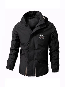 Men's black windproof hooded outdoor jacket with chest embroidery and arm cargo pocket