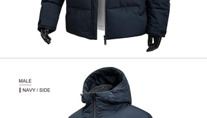 Detail view of navy blue hooded puffer jacket showing zipper and drawstring hem