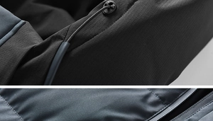 Detail of adjustable elastic drawstring and ripstop fabric on heavy winter jacket