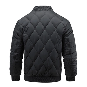 Rear view of men's black quilted bomber jacket with stand collar and ribbed hem