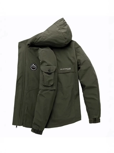 Army green hooded windbreaker jacket for men with utility arm pocket and chest print