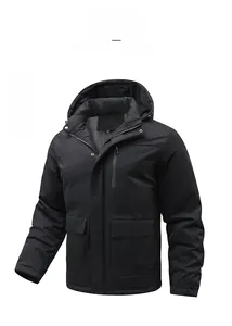 Detailed view of black men's hooded jacket featuring zippered chest pocket and snap closures