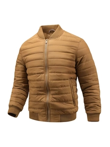 Brown quilted bomber jacket for men with ribbed collar and windproof insulation