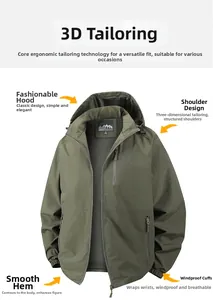 Detail view of military green hooded jacket featuring windproof cuffs and 3D tailored design
