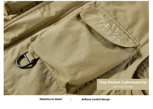 Detail of khaki outdoor jacket showing flap pocket with CLASSIC embroidery and D-ring