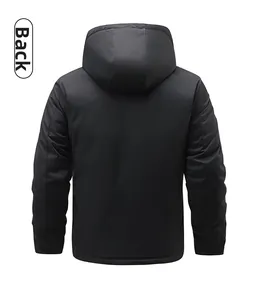 Rear view of black hooded jacket showing windproof material and warm padded texture