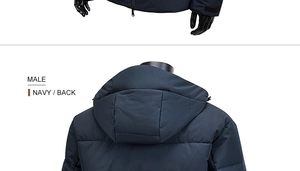 Rear view of men's navy hooded jacket with windproof fabric and quilted shoulder detail