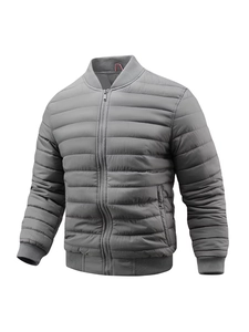 Classic grey men's quilted puffer jacket with stand collar and ribbed cuffs on white back