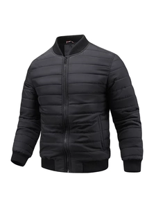 Men's black quilted baseball collar puffer jacket with ribbed cuffs and zipper closure