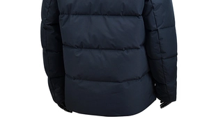 Back view of heavy blue quilted winter jacket with hooded design and windproof material