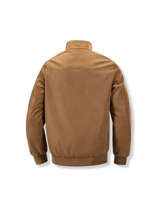 Back view of camel faux suede bomber jacket with stand collar and ribbed cuffs