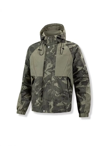 Men Outdoor Camouflage Hooded Jacket Windproof Water Resistant Polyester Tactical Casual Splicing Youth Sports Outerwear Top