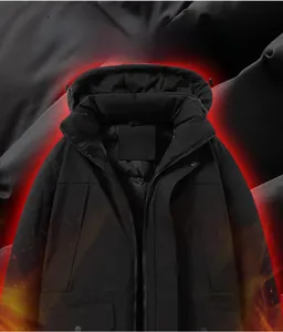 Close-up of black hooded parka showing padded lining, zipper detail and large flap pockets