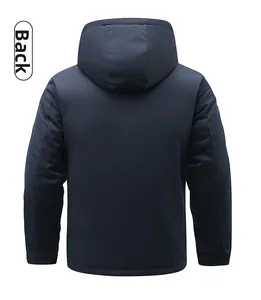 Back view of men's dark blue insulated hooded jacket with premium matte windproof fabric