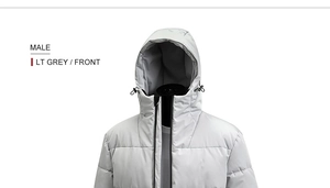Front view of men's light grey hooded winter jacket with quilted padding and drawstrings