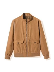 Classic men's brown stand collar work jacket with zipper closure and rib-knit trim