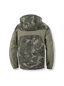 Men's outdoor hooded tactical jacket in army green and camouflage拼接 back view