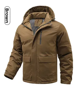 Detailed view of brown men's hooded jacket featuring durable zippers and honeycomb lining