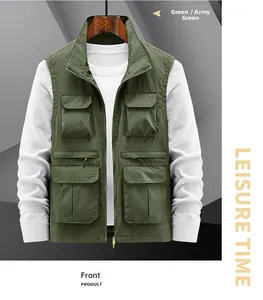 Gilet utilitaire vert armée avec plusieurs poches, col montant et tissu en nylon durable