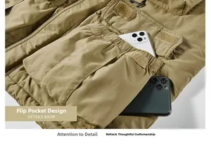Detail of the large khaki utility pocket with velcro closure and dual phone storage