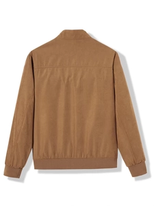 Men's minimalist stand collar casual jacket in dark brown faux suede with ribbed hem