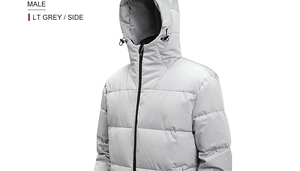 Side view of male light grey hooded winter jacket with windproof drawstrings and quilting