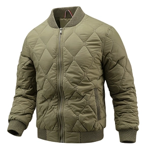Detail view of olive green quilted bomber jacket with classic ribbed collar and cuffs