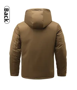Back view of brown hooded insulated jacket with windproof fabric and ribbed cuffs