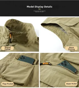 Détails du gilet d'extérieur avec col montant, doublure en mesh respirant et grandes poches
