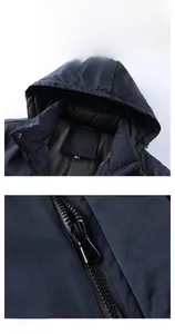 Detailed macro view of the navy blue hooded jacket with high-quality zipper and XL size tag