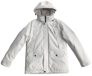 Close-up of winter parka featuring water-resistant fabric and dual-flap pocket details