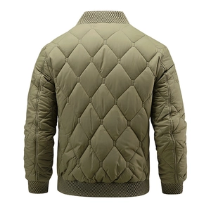Detailed back view of olive green quilted bomber jacket with classic diamond pattern
