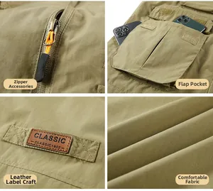 Détails de la veste multi-poches avec fermetures éclair fluides et étiquette en cuir vintage