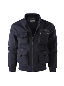Men's dark blue tactical bomber jacket with multi-pockets and ribbed cuffs on white back