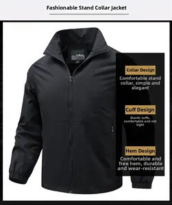 Detailed views of the stand collar, zipper closure, and cuffs on this black men's jacket