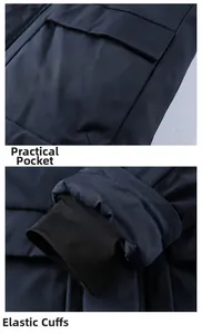 Detail of dark blue jacket featuring functional pockets and black elastic cuffs