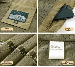 Vue détaillée du gilet de plein air vert armée avec tissu nylon et doublure filet