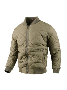 Men's olive green quilted bomber jacket with stand collar and ribbed knit trims